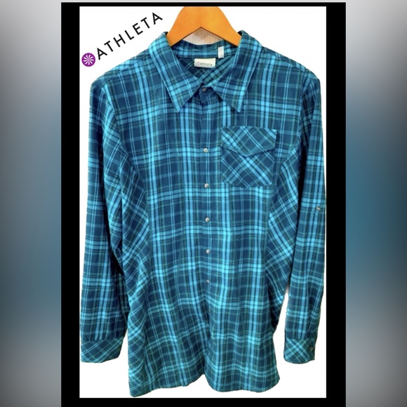 Athleta Tops - Athleta | Teal Plaid Lumberjll Long Flannel Shirt